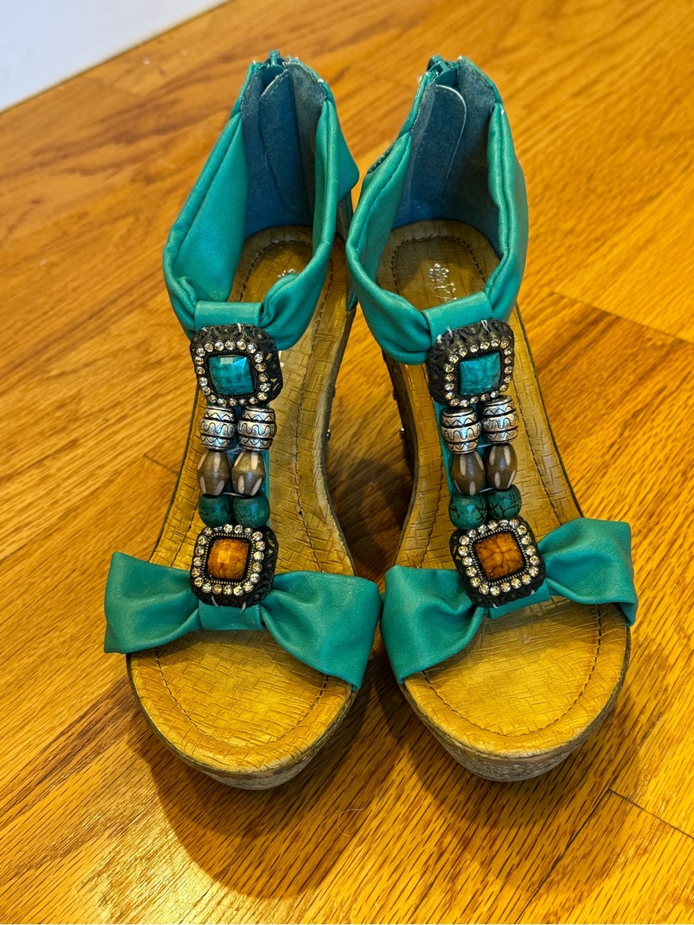 Turquoise Jeweled T-Strap Wedge Sandals for Women